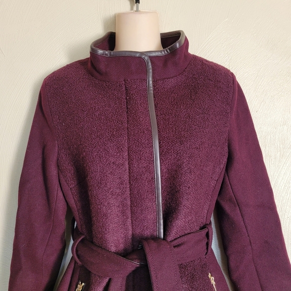 Nine West Faux-Leather Binding Wool-Blend Coat in Wine Color Size Women's Small - Picture 5 of 14